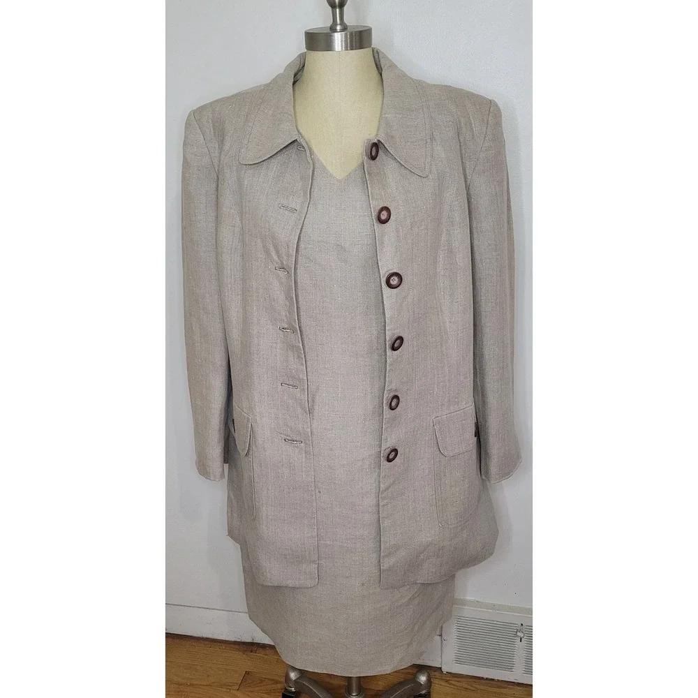 Neiman Marcus Size 16 100% Linen 2-pc Sheath Dress Blazer Jacket Classic Career